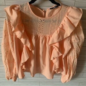 SHEIN ruffle peach colored blouse. Button in the back at top